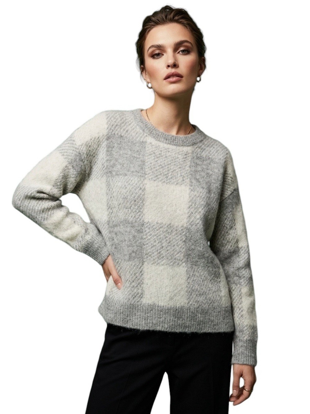 The White Company Gray Cream Plaid Alpaca Wool Blend Crewneck Sweater XS